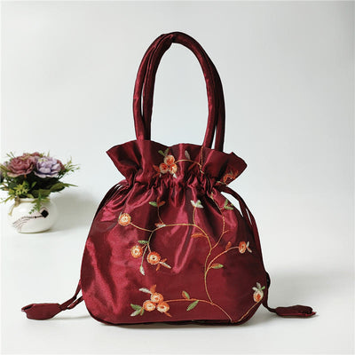 Embroidery Floral Clutch Drawstring Bucket Bag Handbag Party Bag