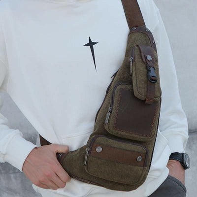 Sling Bag for Men Black Vintage Canvas Business Crossbody Bag - SaddleBrown - image 0