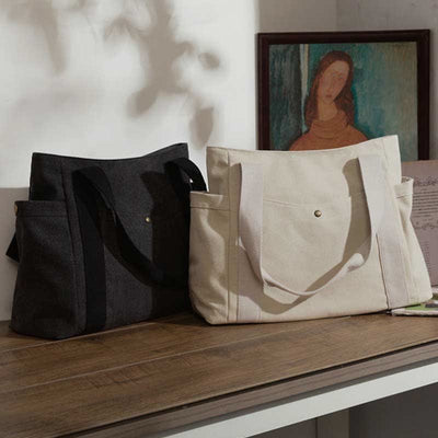 Large Capacity Canvas Shoulder Tote Bag Multiple Pocket Handbag Shopping Bag