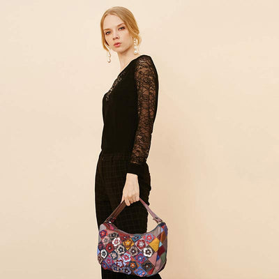 Multi-Color Floral Genuine Leather Boston Bag Hobo Tote Handbag Crossbody Bag