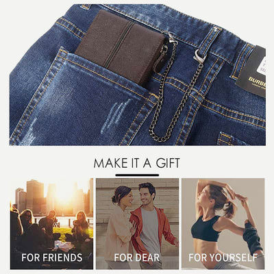Genuine Leather Zip Around RFID Blocking Bifold Wallet with Chain