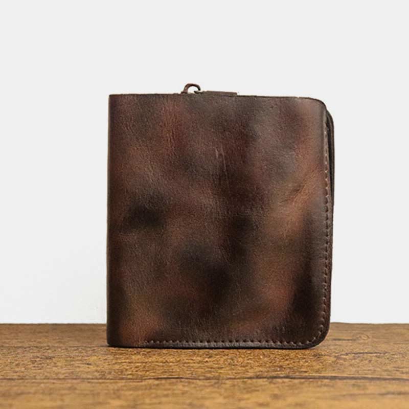 Leather Wallet For Men Double Folding Vintage Short Zipper Purse