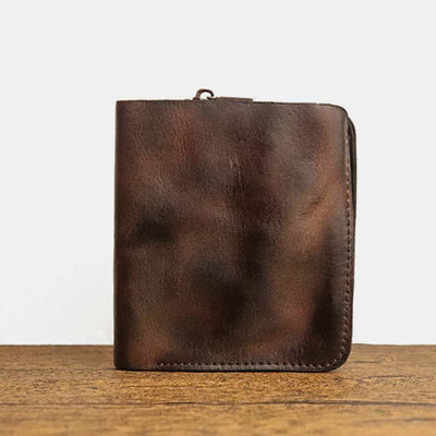 Leather Wallet For Men Double Folding Vintage Short Zipper Purse