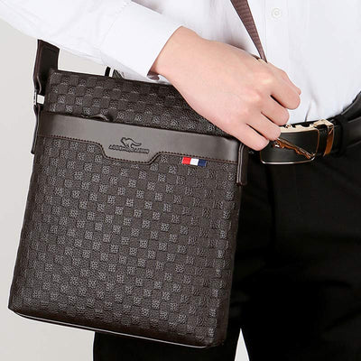 Genuine Leather Waterproof Messenger Bag for Men Plaid Crossbody Bag
