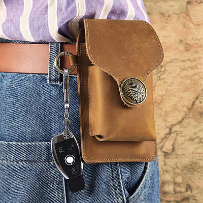 Vintage Leather Flip Phone Bag Belt Pouch with Cigarette Pocket - Peru - image 0