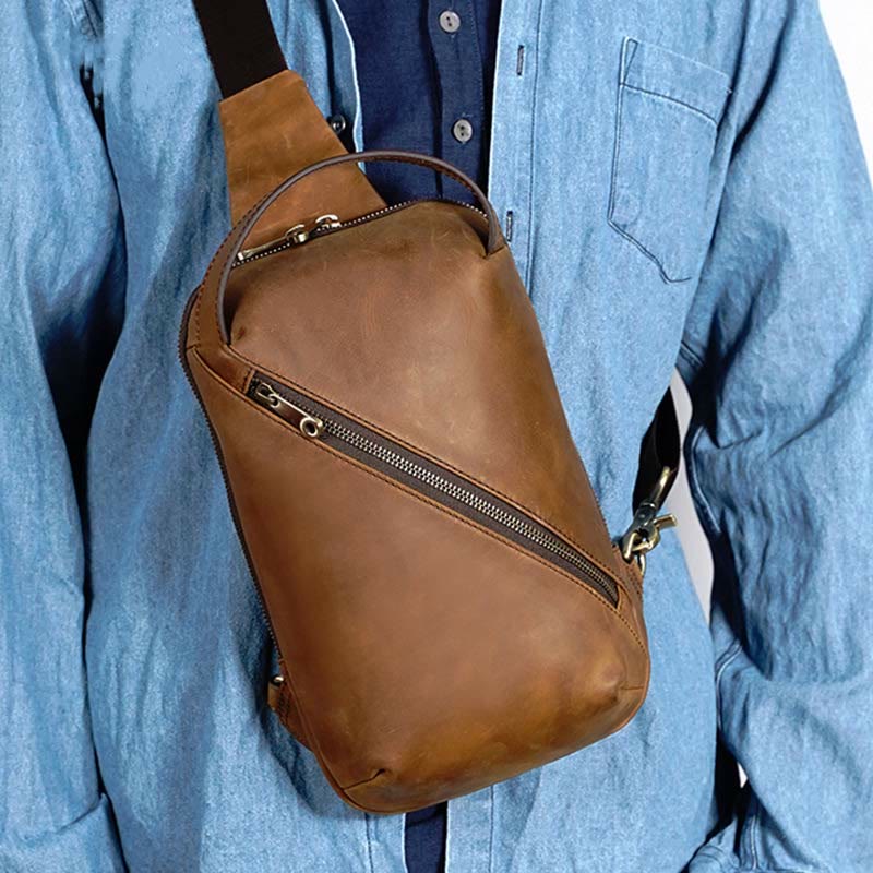 Men's Leather Crossbody Sling Bag Outdoor Travel Chest Bag Shoulder Daypack