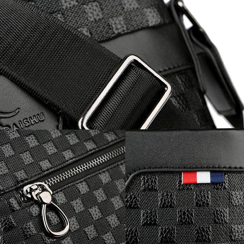 Genuine Leather Waterproof Messenger Bag for Men Plaid Crossbody Bag