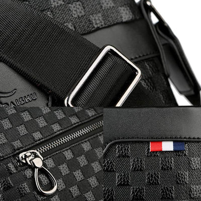 Genuine Leather Waterproof Messenger Bag for Men Plaid Crossbody Bag