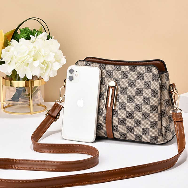 Triple Compartment Plaid Satchel Women Leather Chic Crossbody Bag
