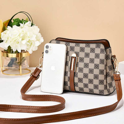 Triple Compartment Plaid Satchel Women Leather Chic Crossbody Bag