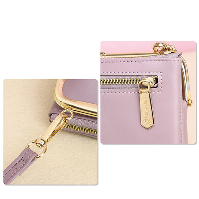 Leather Crossbody Handbag for Women Double Compartment Kiss Lock Shoulder Bag