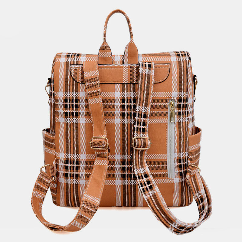 Multifunciton Casual Women Rucksack Daypack Leather Plaid Backpack With Shoulder Strap