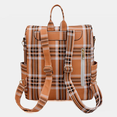 Multifunciton Casual Women Rucksack Daypack Leather Plaid Backpack With Shoulder Strap