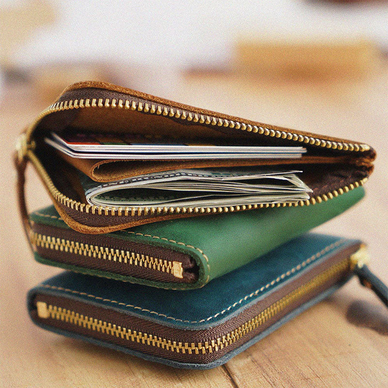 Vintage Genuine Leather Slim Zip Wallet Crazy Horse Leather Coin Purse