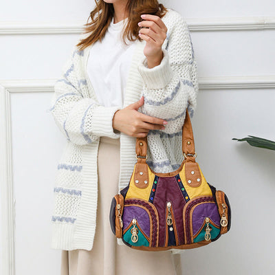 Multiple Pocket Shoulder Bag Women Colorful Large Leather Crossbody Purse