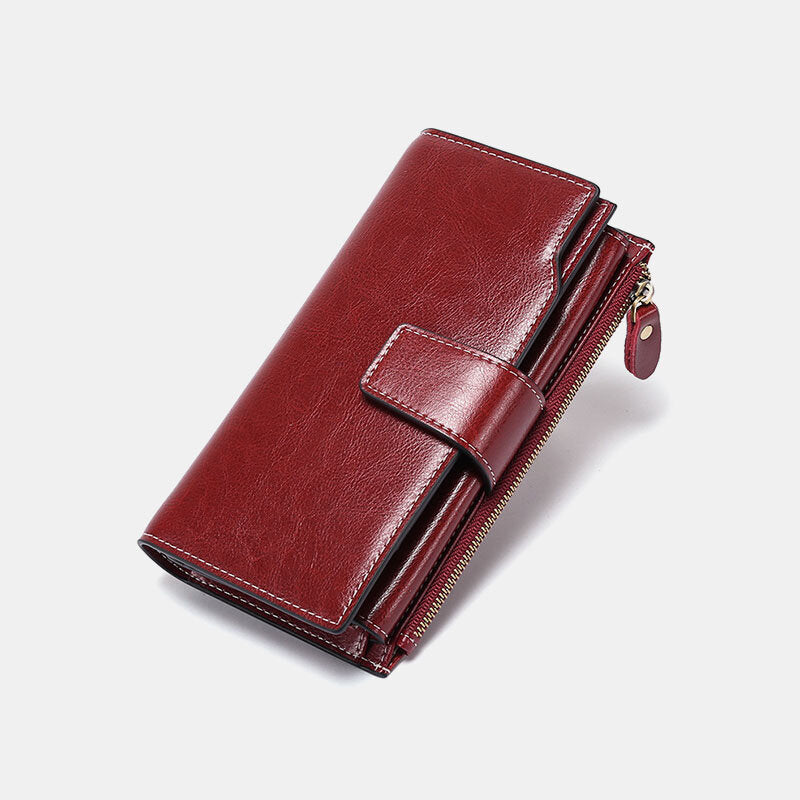 RFID Blocking Long Wallet Oil Wax Leather Phone Purse with Zipper Pocket - Crimson - image 16