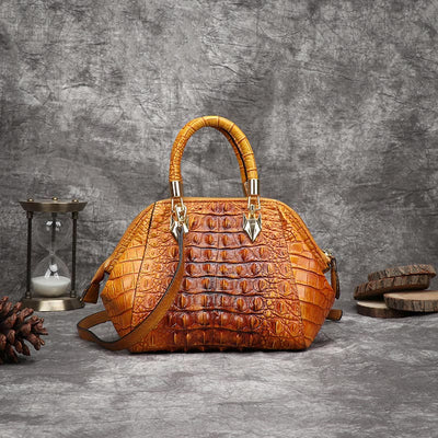 Genuine Leather Alligator Print Handbag Top-Handle Satchel with Crossbody Strap