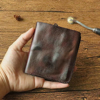 Leather Wallet For Men Double Folding Vintage Short Zipper Purse