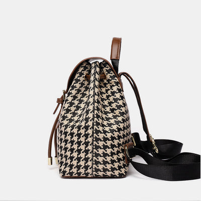 Women's Mini Backpack Purse Houndstooth Print Flap Daypack Leather Shoulder Bag