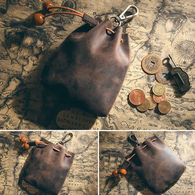 Vintage Coin Purse Genuine Leather Pouch Wallet Drawstring Storage Bag