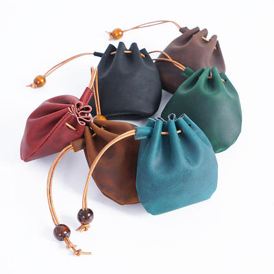 Leather Drawstring Pouch Retro Coin Purse Wallet for Women Men