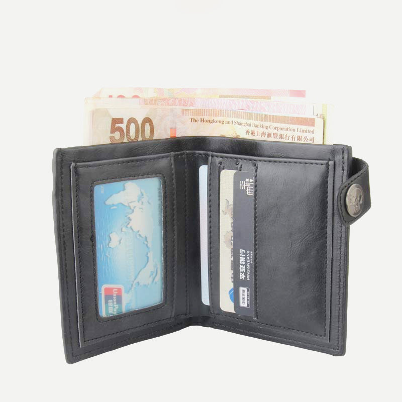 Mens Gothic Skull Cross Leather Punk Wallet with Long Metal Chain