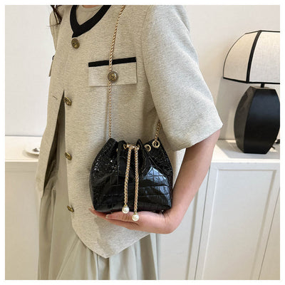 Evening Bag For Party Crocodile Pattern Sparkly Leather Bucket Bag