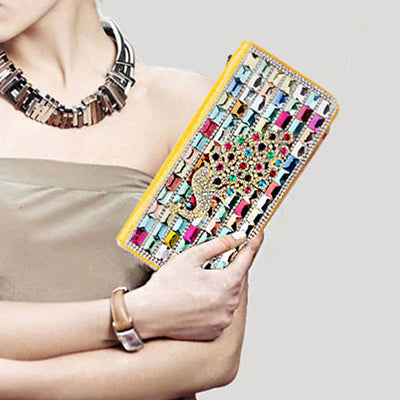Long Leather Clutch For Women Diamond Encrusted Coin Wallet