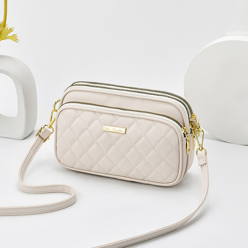 Triple Zip Crossbody Bag Quilted Leather Shoulder Purse for Women