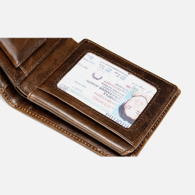 Men's Genuine Leather RFID Blocking Bifold Filp Wallet with ID Window