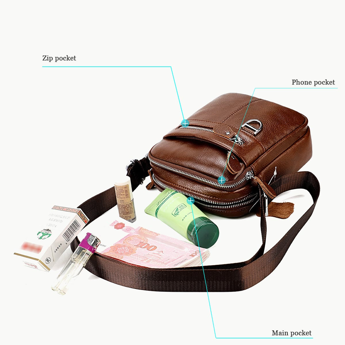 Crossbody Man Purse Minimalist Genuine Leather Single Shoulder Bag
