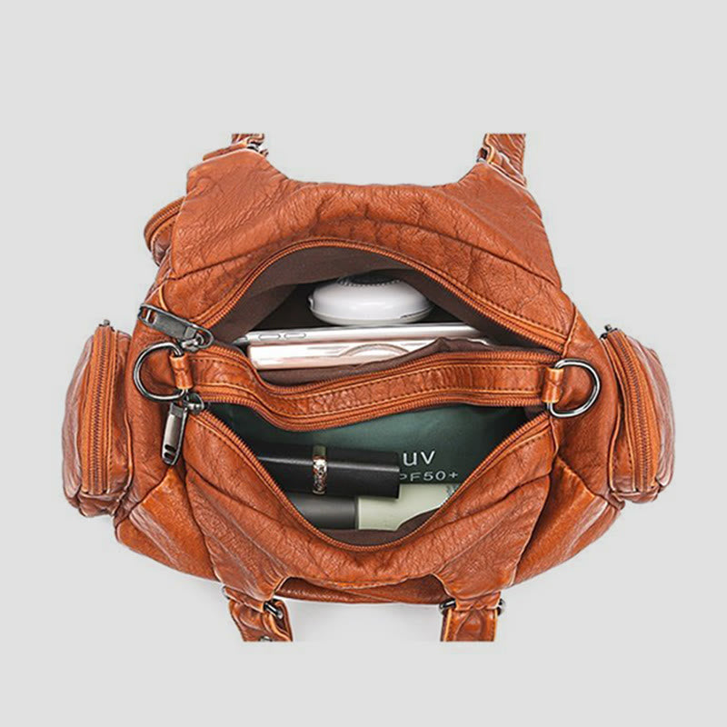 Tote Bag For Women Vintage Riveted Multi-Pocket Leather Crossbody Bag