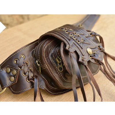 Large Leather Utility 2-Pouch Handmade Practical Tassel Waist Belt Bag