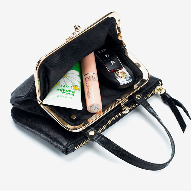 Genuine Leather Coin Purse Pouch Change Wallet Clutch with Top Handle