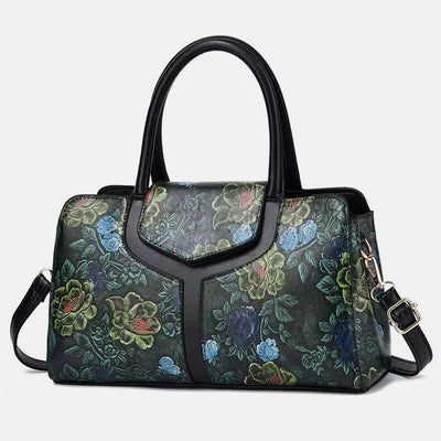 Retro Floral Emboss Handbag Women Horizontal Crossbody Leather Bag