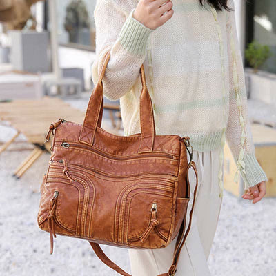 Retro Faux Leather Tote Handbag for Women Shoulder Bag with Crossbody Strap