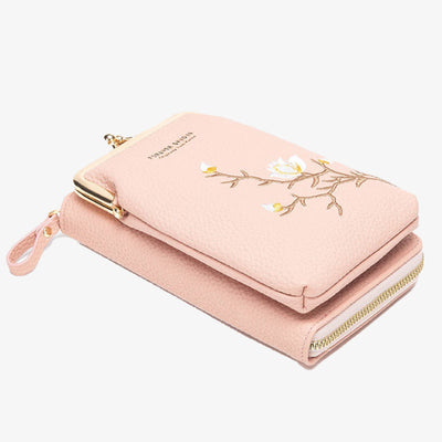 Elegant Embroidered Phone Bag Women Mini Crossbody Leather Purse