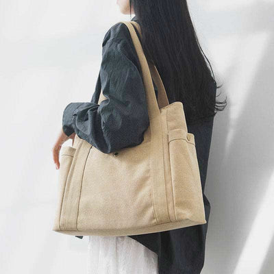 Large Capacity Canvas Shoulder Tote Bag Multiple Pocket Handbag Shopping Bag