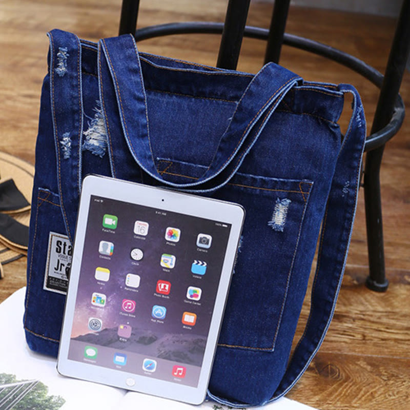 Denim Tote For Outing Retro Canvas Ripped Crossbody Bag