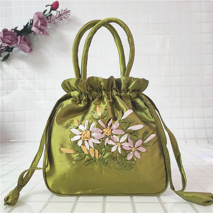Embroidery Floral Clutch Drawstring Bucket Bag Handbag Party Bag