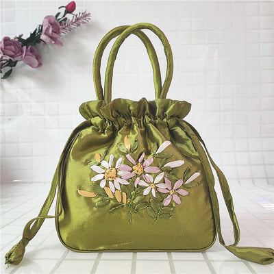 Embroidery Floral Clutch Drawstring Bucket Bag Handbag Party Bag