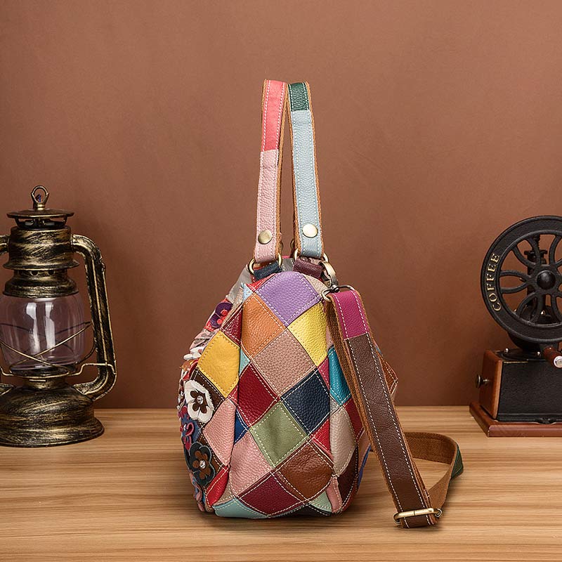 Multi-Color Floral Genuine Leather Boston Bag Hobo Tote Handbag Crossbody Bag