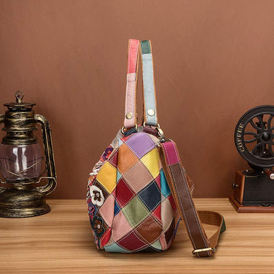 Multi-Color Floral Genuine Leather Boston Bag Hobo Tote Handbag Crossbody Bag