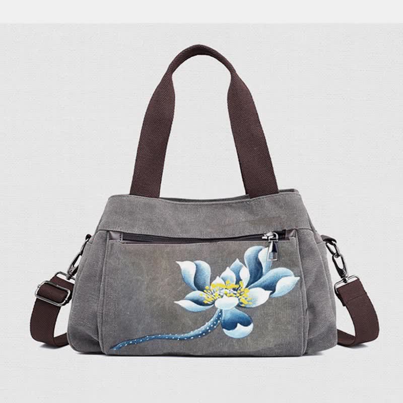 Triple Compartment Canvas Handbag Purse Floral Print Crossbody Shoulder Bag