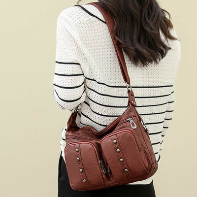 Mulit-Pocket Crossbody Purse for Women Retro Rivets Leather Shoulder Handbag