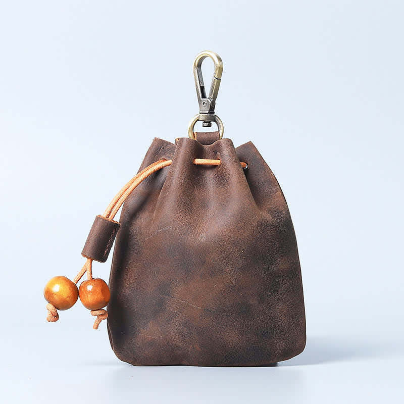 Vintage Coin Purse Genuine Leather Pouch Wallet Drawstring Storage Bag