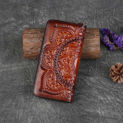 Women Genuine Leather Zip Around Embossing Wallet Large Cowhide Leather Wallet