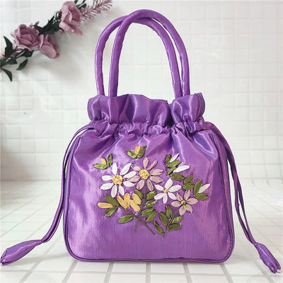 Embroidery Floral Clutch Drawstring Bucket Bag Handbag Party Bag