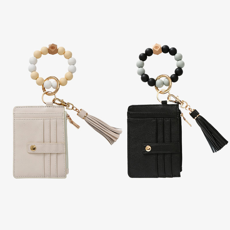 Silicone Bead Wrist Bag Womens Leather Tassel Card Holder