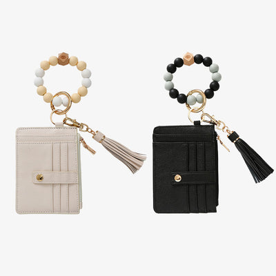 Silicone Bead Wrist Bag Womens Leather Tassel Card Holder